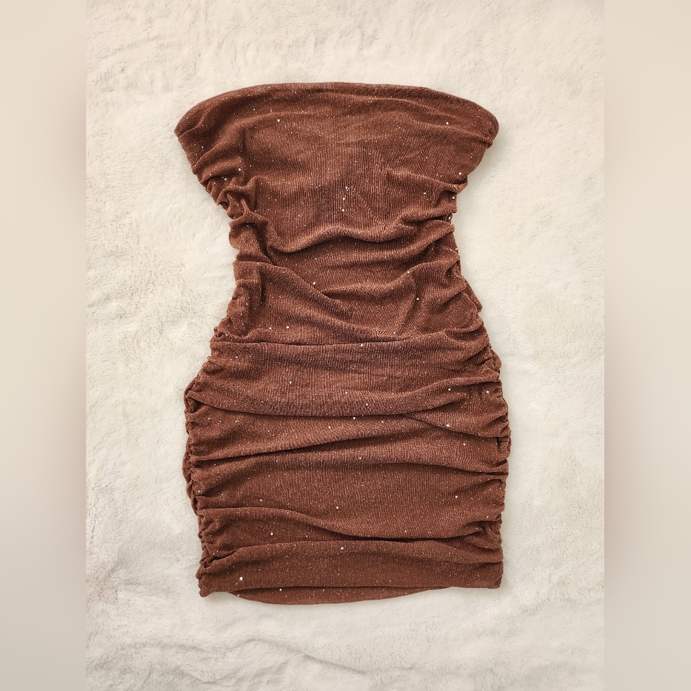 Brown Strapless Mesh Dress
